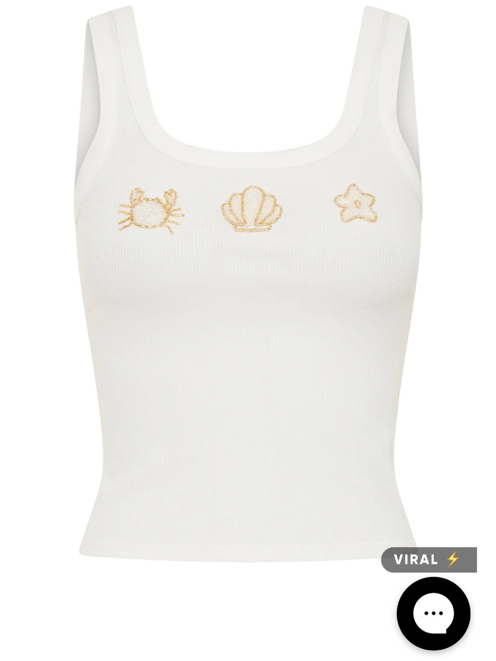 White Ribbed Tank Top with Gold Sea Motif